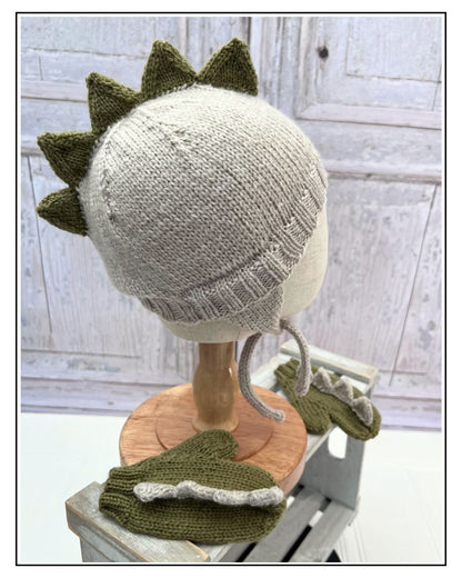Dinosaur hat and mitten set knitting pattern in khaki and parchment, children's DK knitting