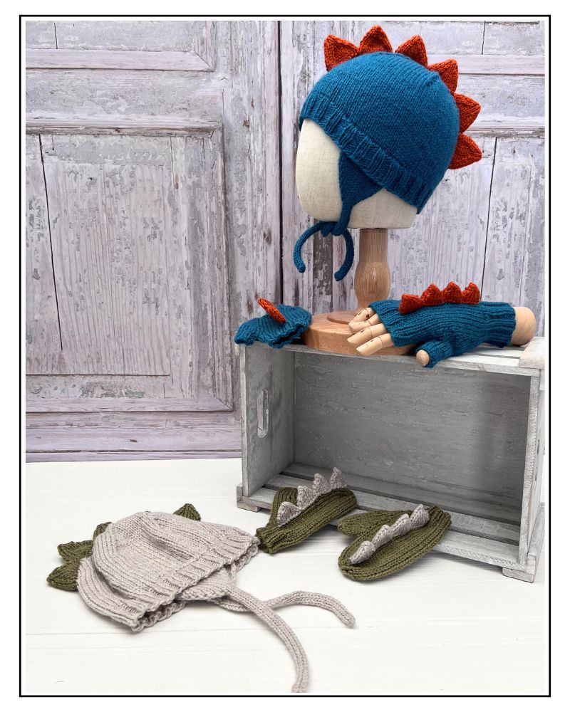 Dinosaur trapper hat and fingerless mittens knitting pattern for children, DK yarn, sizes 1 to 11 years