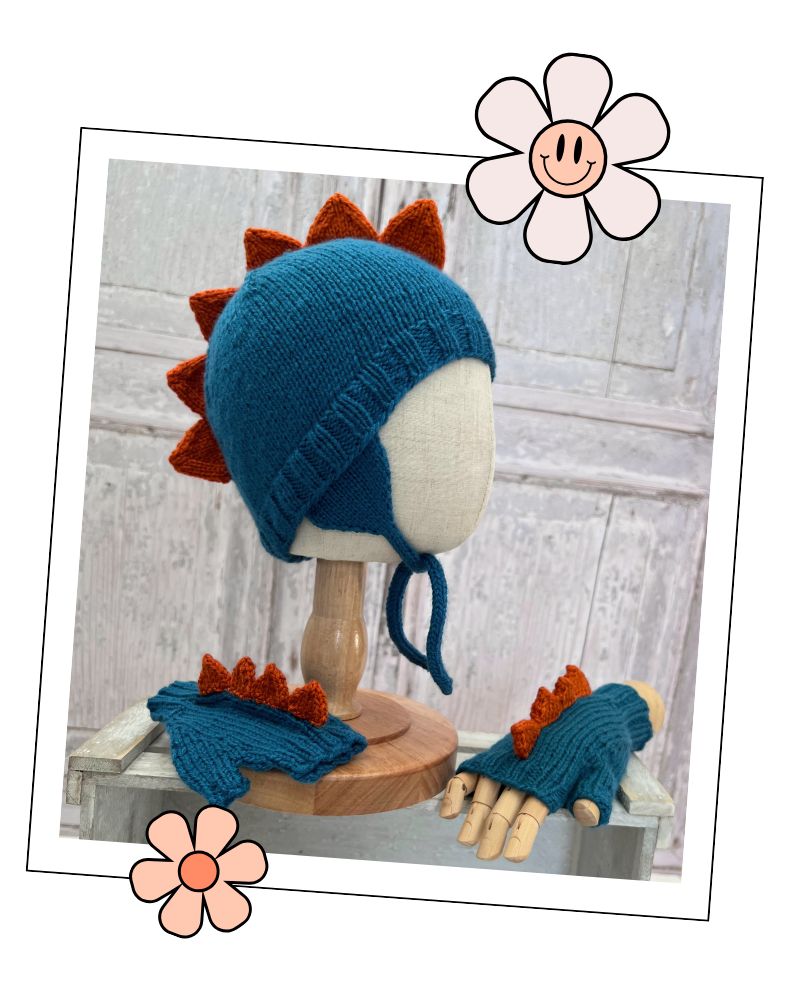 Dinosaur trapper hat and fingerless mittens knitting pattern for children, DK yarn, sizes 1 to 11 years