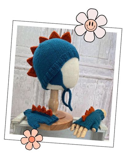 Dinosaur trapper hat and fingerless mittens knitting pattern for children, DK yarn, sizes 1 to 11 years
