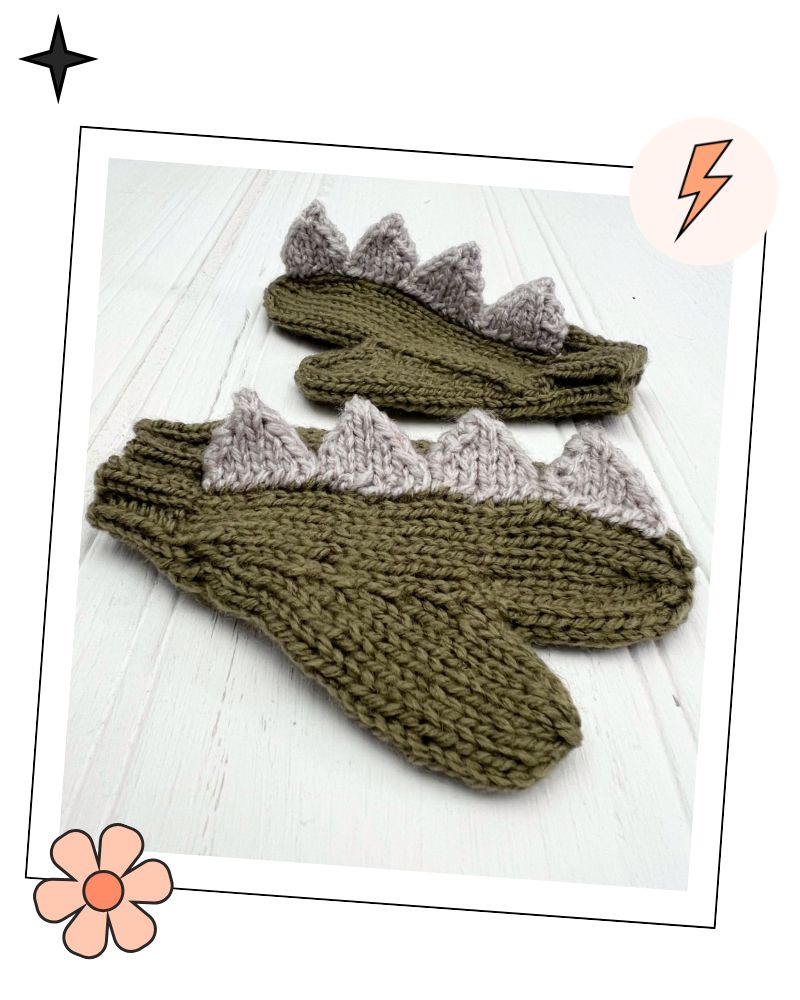 Children's fingerless mittens knitting pattern with dinosaur spikes, DK yarn, confident beginner