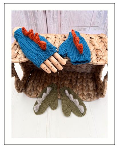 Children's fingerless mittens knitting pattern with dinosaur spikes, DK yarn, confident beginner