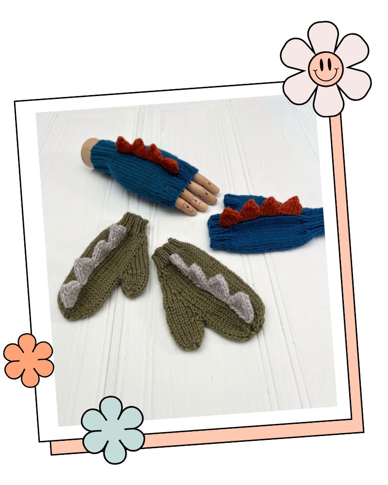 Children's fingerless mittens knitting pattern with dinosaur spikes, DK yarn, confident beginner