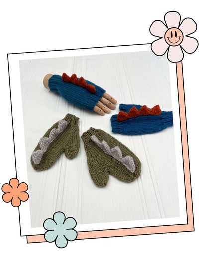 Children's fingerless mittens knitting pattern with dinosaur spikes, DK yarn, confident beginner
