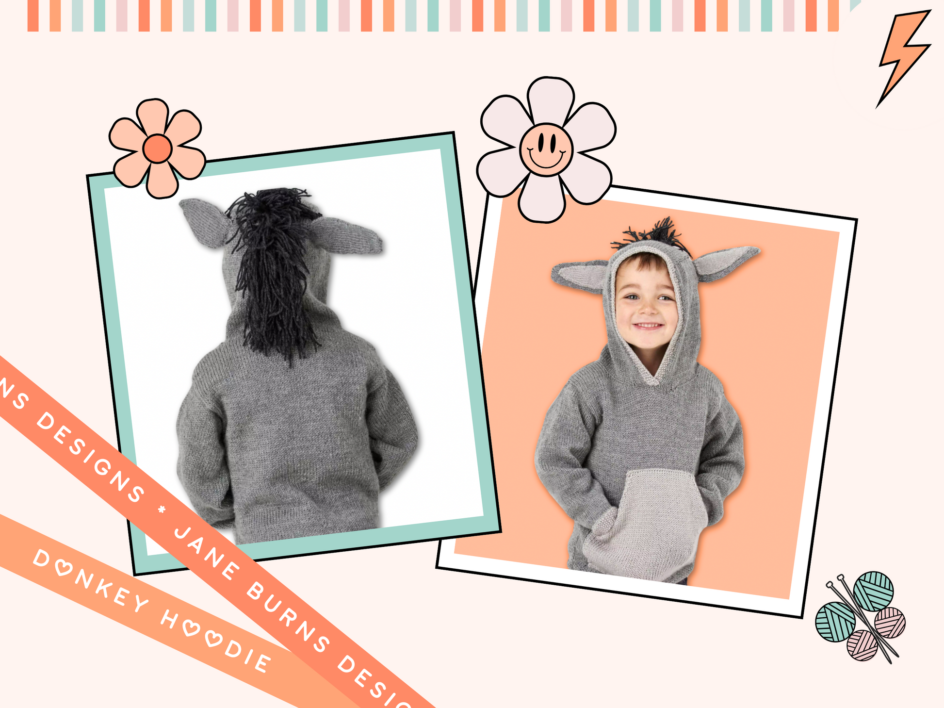 grey knitted hooded sweater with light grey kangaroo style pocket on the front, large donkey ears and a black mane create this cute donkey hoodie knitting pattern by jane burns