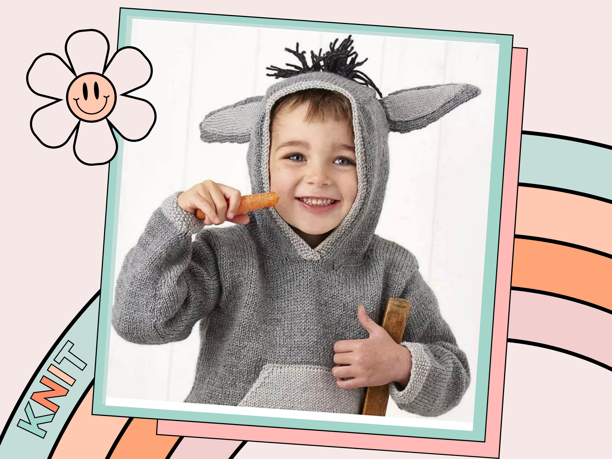 grey knitted hooded sweater with light grey kangaroo style pocket on the front, large donkey ears and a black mane create this cute donkey hoodie knitting pattern by jane burns