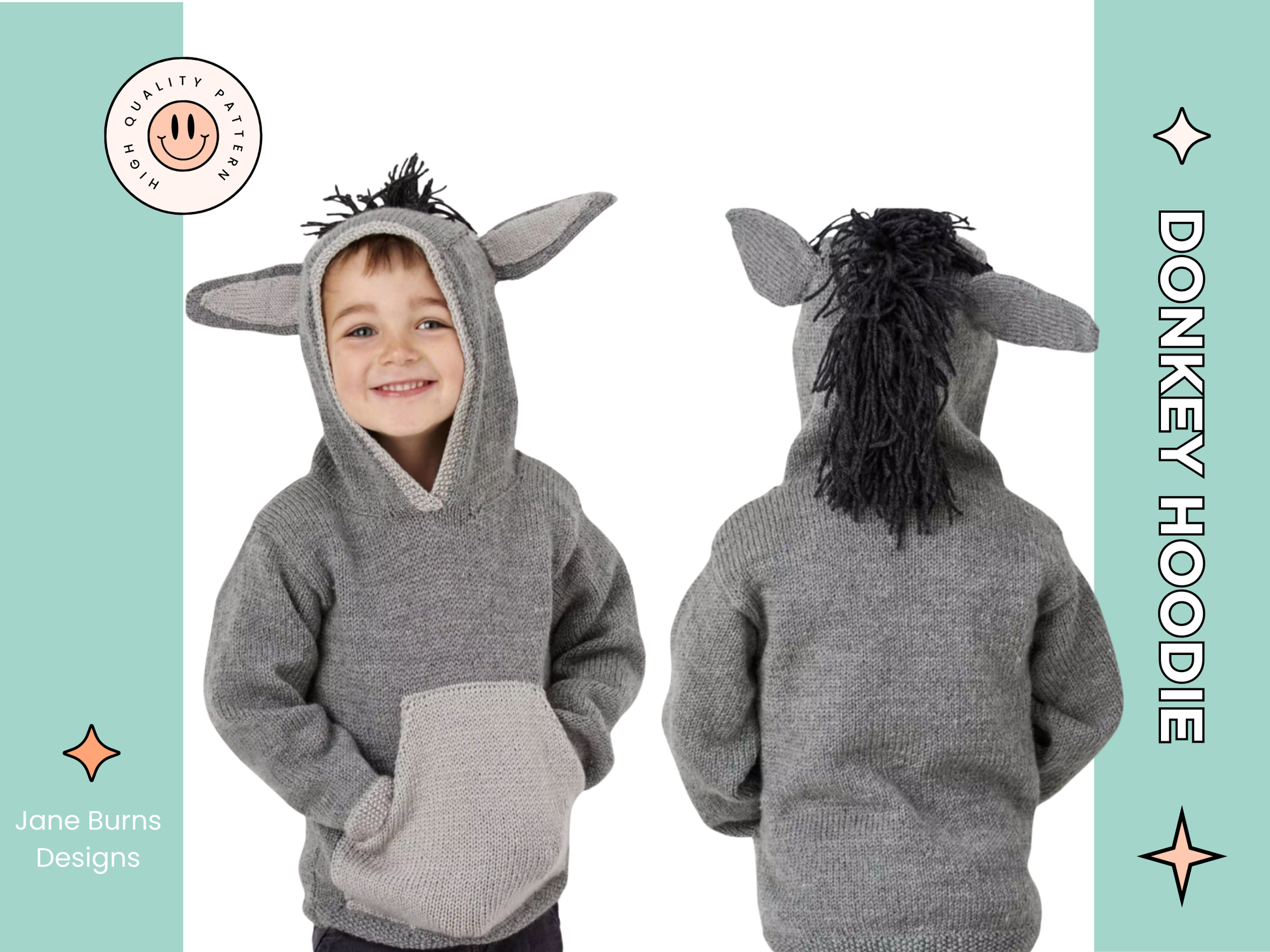 grey knitted hooded sweater with light grey kangaroo style pocket on the front, large donkey ears and a black mane create this cute donkey hoodie knitting pattern by jane burns