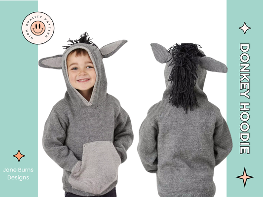 grey knitted hooded sweater with light grey kangaroo style pocket on the front, large donkey ears and a black mane create this cute donkey hoodie knitting pattern by jane burns