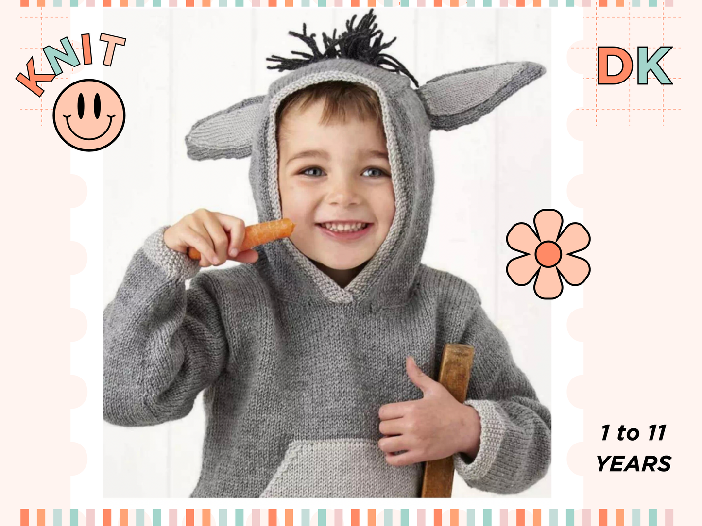 grey knitted hooded sweater with light grey kangaroo style pocket on the front, large donkey ears and a black mane create this cute donkey hoodie knitting pattern by jane burns