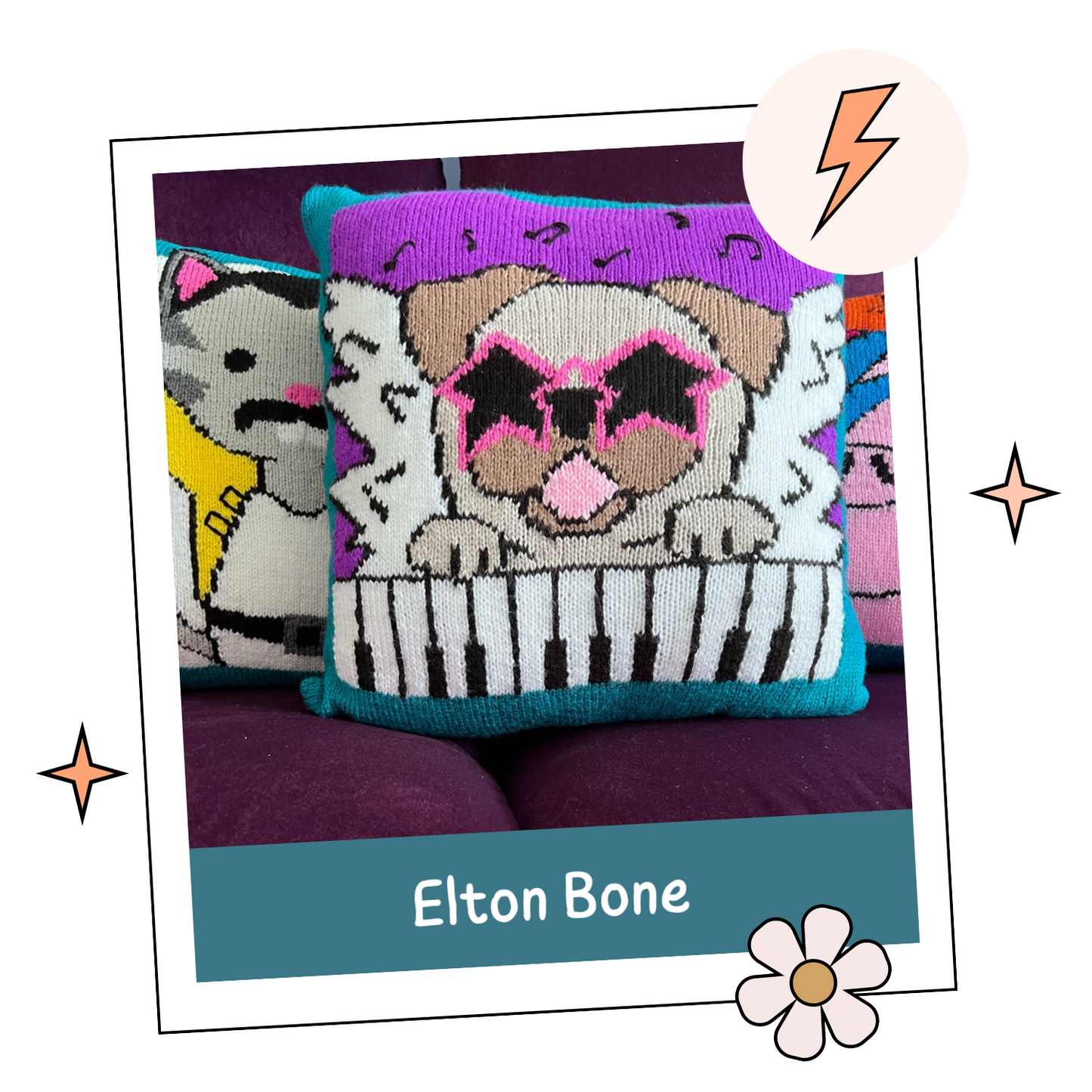 Elton Bone, Pug Dog Music Pun Cushion - Knitting Pattern