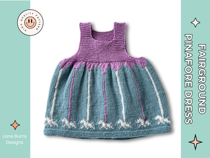 baby and toddler knitted pinafore dress with garter stitch bodice in lilac and a mint green skirt with carousel merry go round poles and horses galloping around the bottom of the skirt, pdf knitting pattern download by jane burns