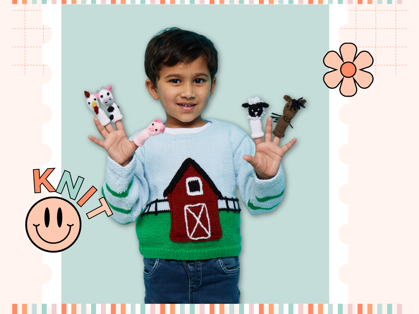 Barnyard Pals, Kids Farmyard Sweater & Finger Puppets - Kniting Pattern