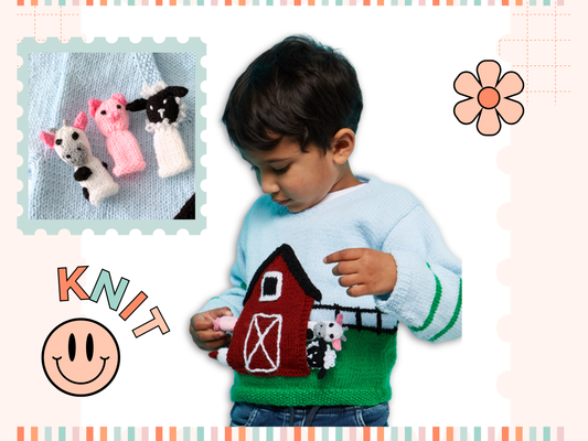 Barnyard Pals, Kids Farmyard Sweater & Finger Puppets - Kniting Pattern