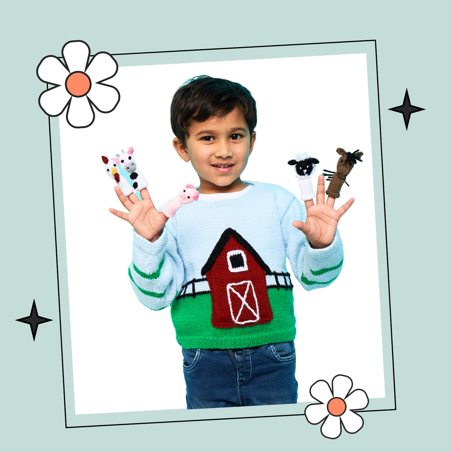 Barnyard Pals, Kids Farmyard Sweater & Finger Puppets - Kniting Pattern