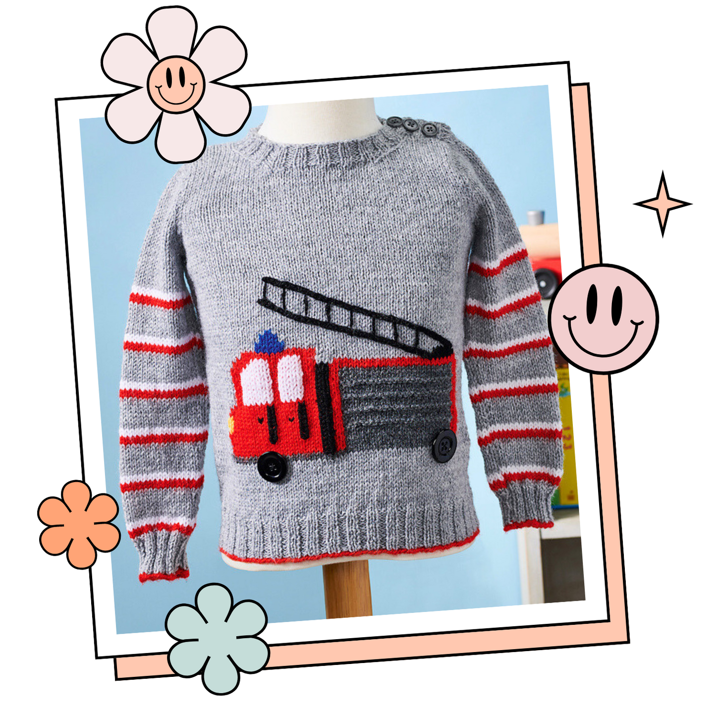 Fire Engine, Kids Emergency Vehicle Jumper - Knitting Pattern