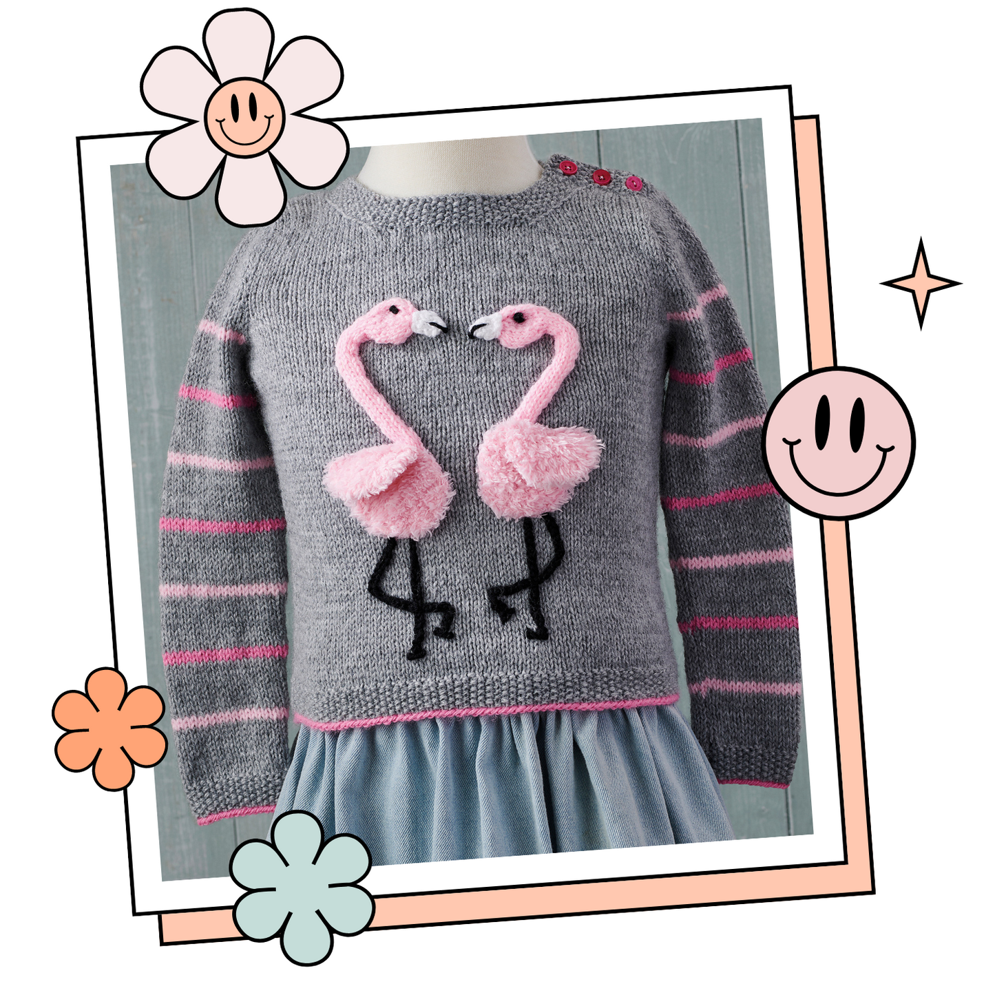 Fluffy Flamingos, Simple Kids Jumper with Applique Flamingos - Knitting Pattern