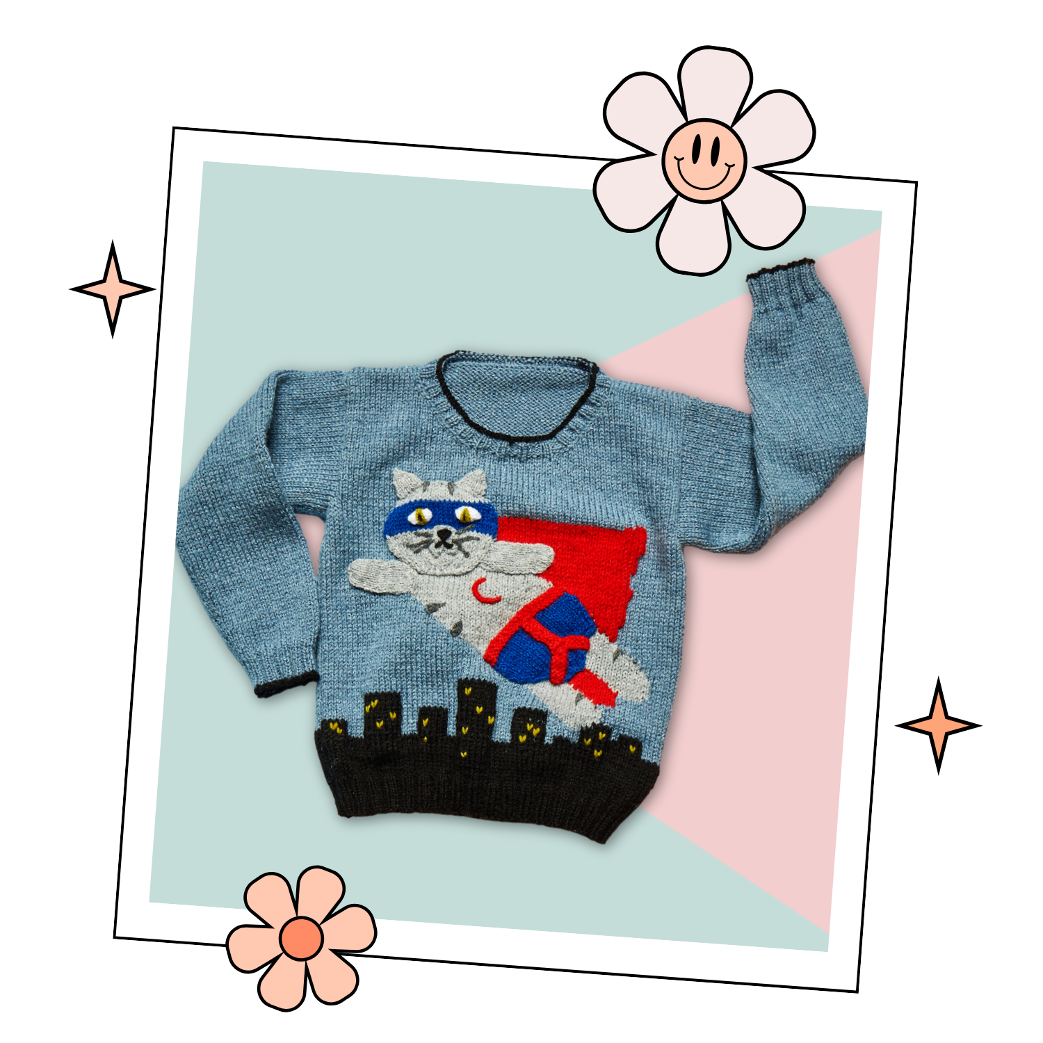 frank super hero cat kids jumper knitting pattern, cat sweater knitting pattern pdf