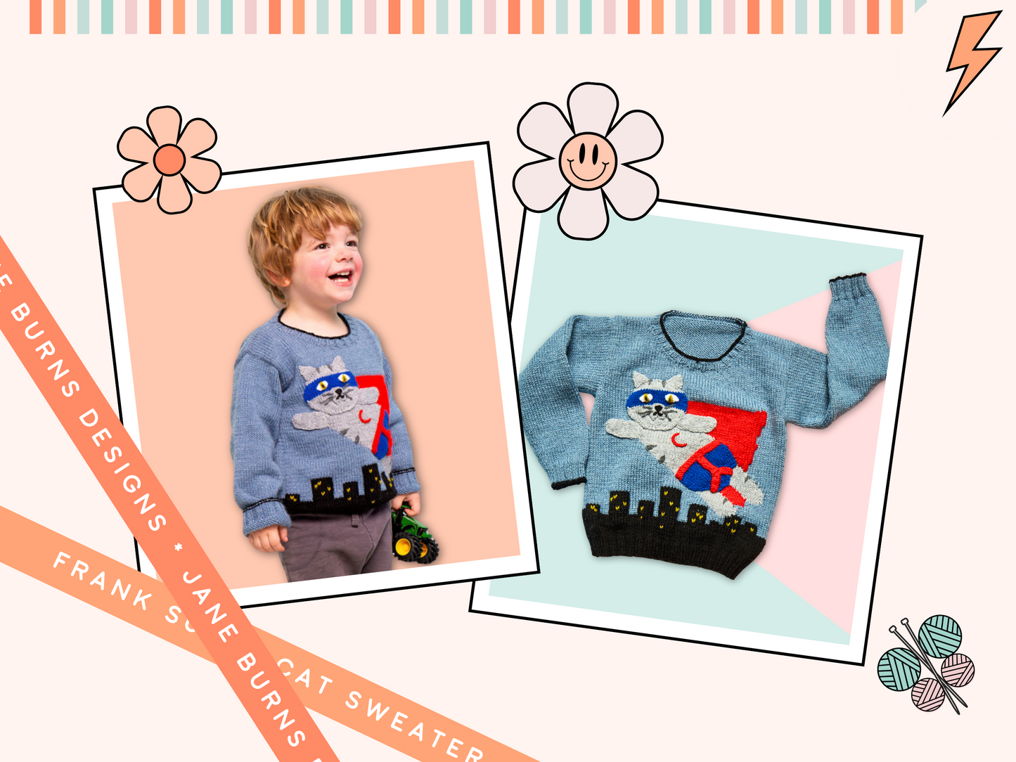 frank super hero cat kids jumper knitting pattern, cat sweater knitting pattern pdf