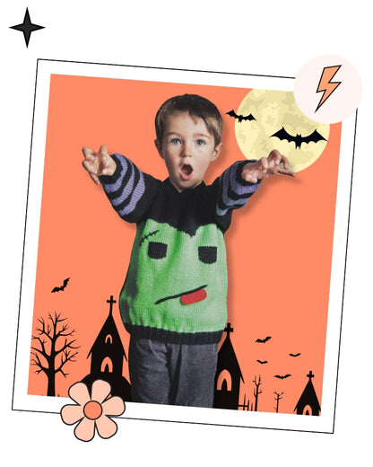 Monster Mash Halloween jumper knitting pattern kids, Frankenstein intarsia, ages 12 months to 11 years