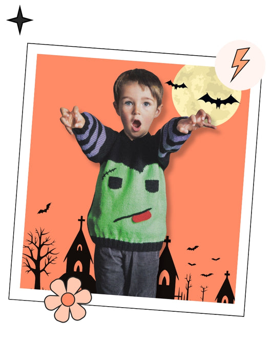 Monster Mash Halloween jumper knitting pattern kids, Frankenstein intarsia, ages 12 months to 11 years
