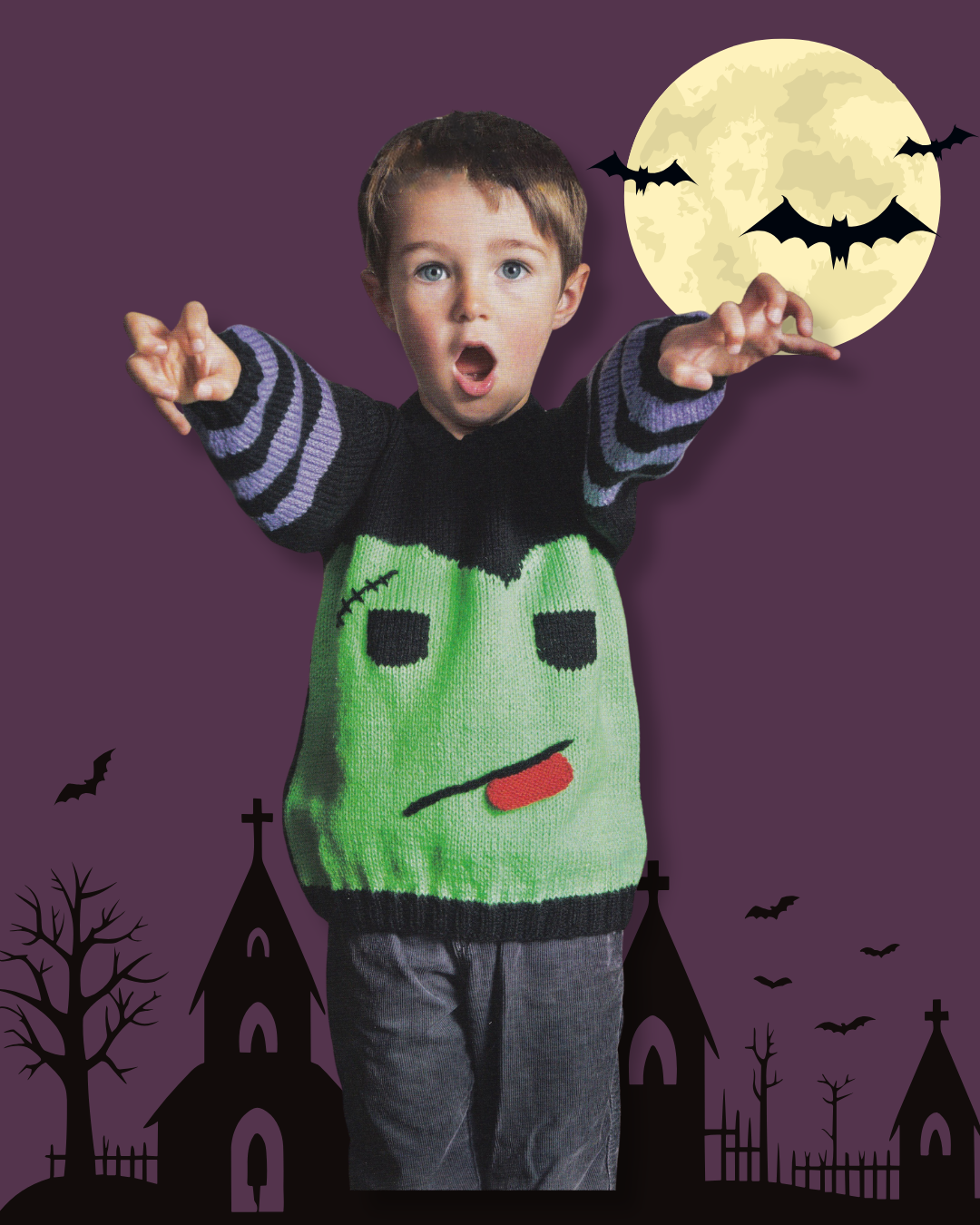 Kids Frankenstein Halloween jumper, bright green body with violet and black striped sleeves