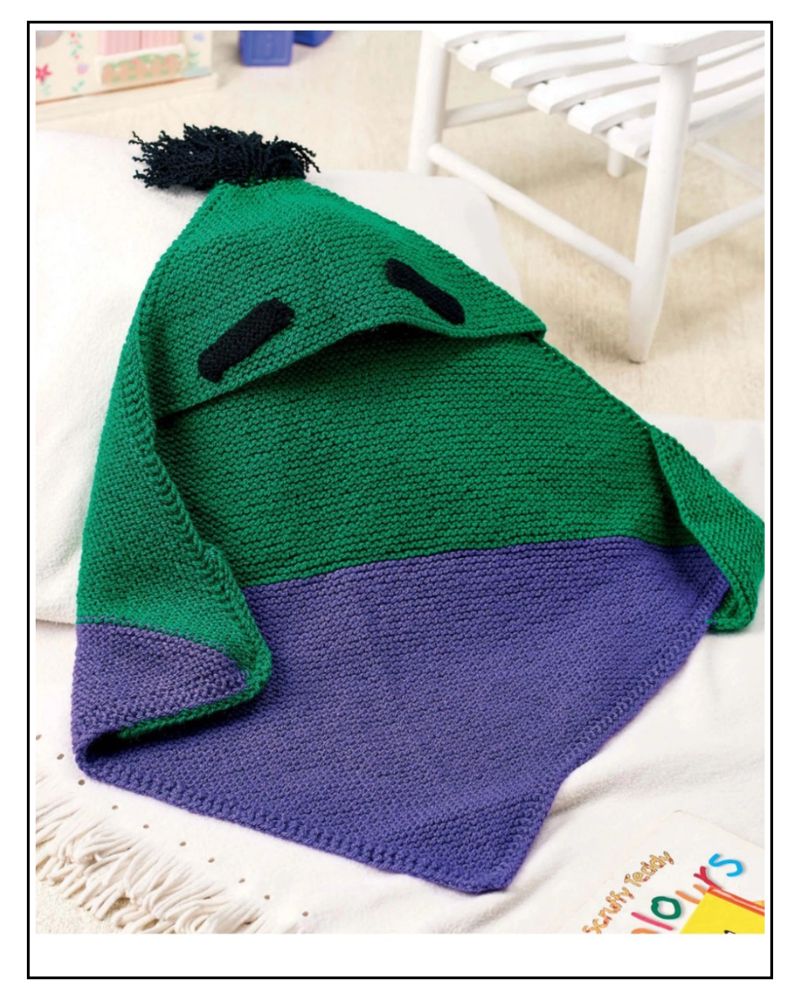Frankenstein monster hooded baby blanket knitting pattern, green and purple garter stitch with black eyebrows and hair tuft