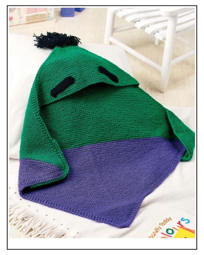 Frankenstein monster hooded baby blanket knitting pattern, green and purple garter stitch with black eyebrows and hair tuft