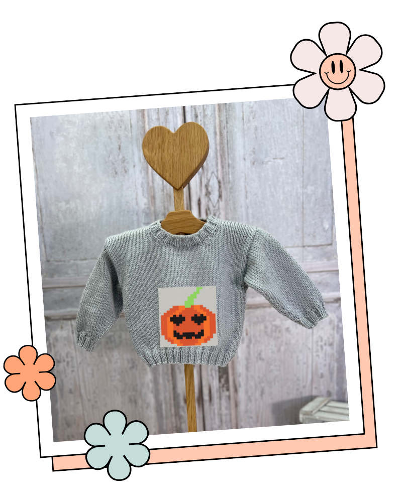 Patch pumpkin knitting chart graphic showing the full colour motif for the Blank Canvas Baby Sweater