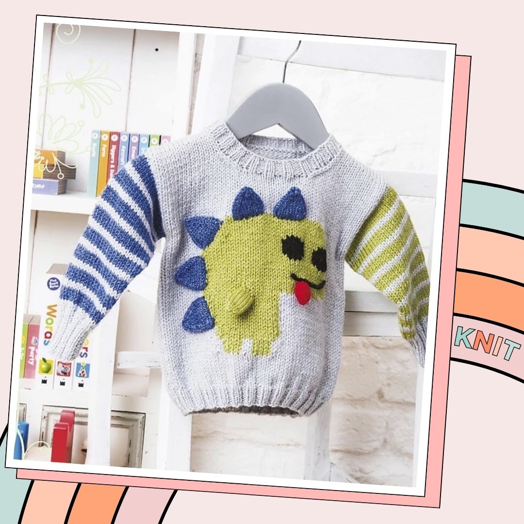 Friendly Dinosaur Baby Sweater, Simple Intarsia Jumper - Knitting Pattern PDF download - GarmentsJane Burns Designs