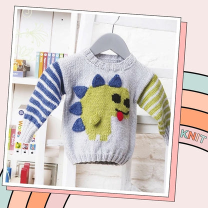 Friendly Dinosaur Baby Sweater, Simple Intarsia Jumper - Knitting Pattern PDF download - GarmentsJane Burns Designs