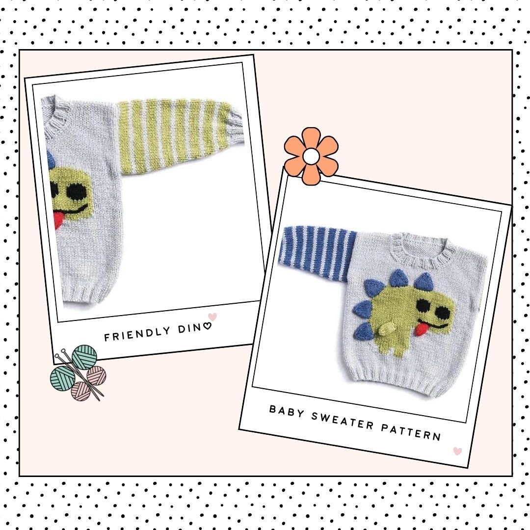 Friendly Dinosaur Baby Sweater, Simple Intarsia Jumper - Knitting Pattern PDF download - GarmentsJane Burns Designs