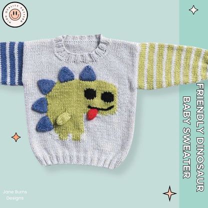 Friendly Dinosaur Baby Sweater, Simple Intarsia Jumper - Knitting Pattern PDF download - GarmentsJane Burns Designs