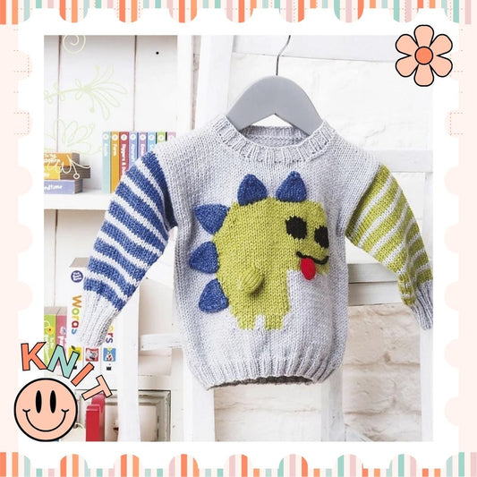 Friendly Dinosaur Baby Sweater, Simple Intarsia Jumper - Knitting Pattern PDF download - GarmentsJane Burns Designs
