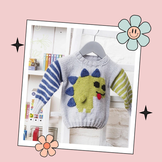 Friendly Baby Dinosaur Sweater, Simple Intarsia Jumper - Knitting Pattern