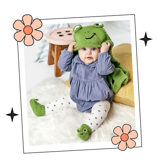 knitted frog character hooded blanket and baby booties knitting pattern for baby shower