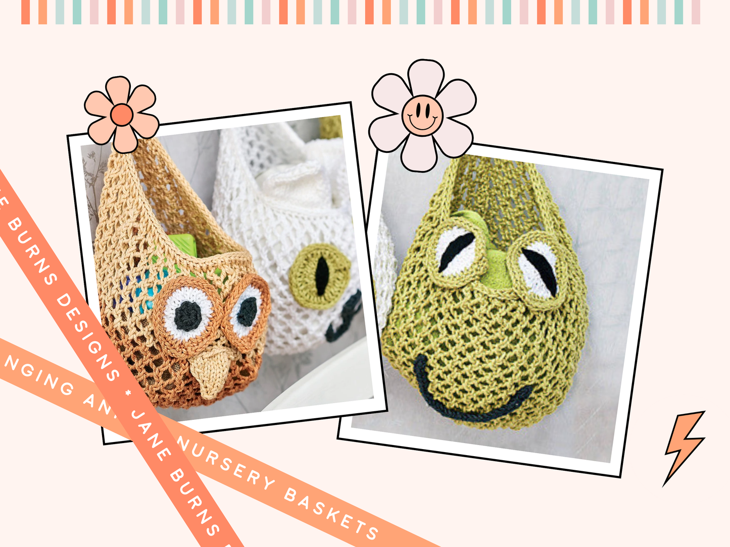 owl, cat, frog hanging nursery baskets, knitted baskets knitting pattern jane burns