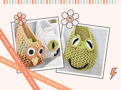 owl, cat, frog hanging nursery baskets, knitted baskets knitting pattern jane burns