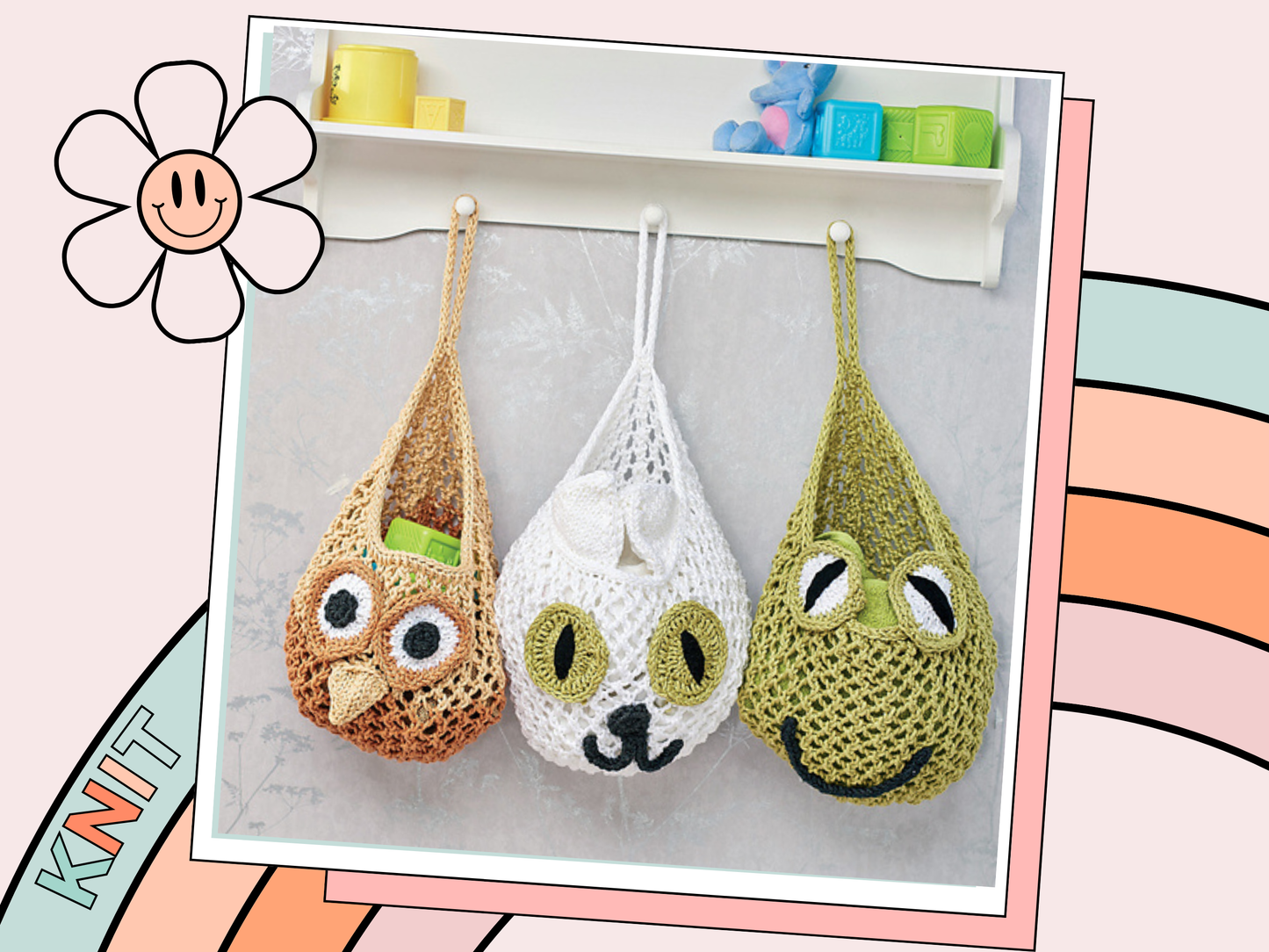 owl, cat, frog hanging nursery baskets, knitted baskets knitting pattern jane burns