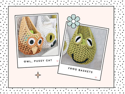 owl, cat, frog hanging nursery baskets, knitted baskets knitting pattern jane burns