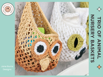 owl, cat, frog hanging nursery baskets, knitted baskets knitting pattern jane burns