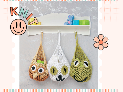 owl, cat, frog hanging nursery baskets, knitted baskets knitting pattern jane burns