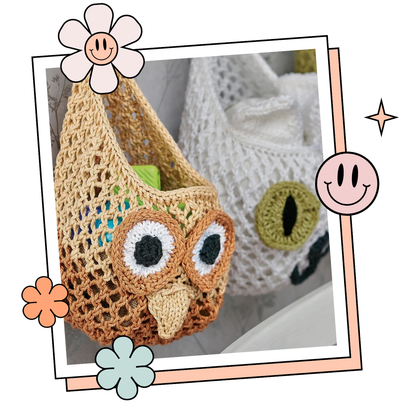 owl, cat, frog hanging nursery baskets, knitted baskets knitting pattern jane burns