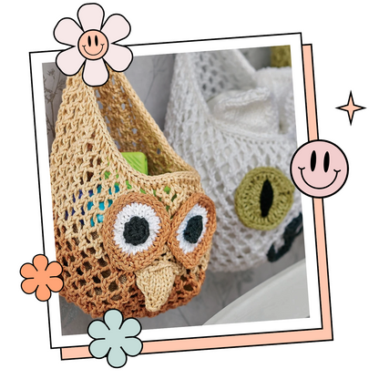 owl, cat, frog hanging nursery baskets, knitted baskets knitting pattern jane burns