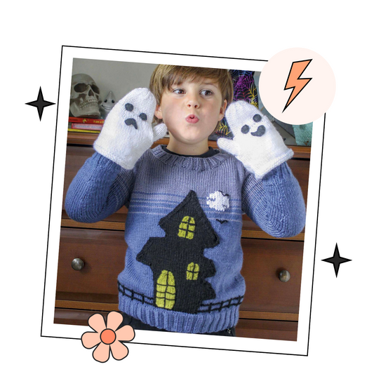 Ghost House Kids Simple Applique Sweater and Mittens - Knitting Pattern