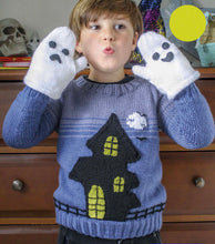 Load image into Gallery viewer, knitting pattern for a blue kids jumper, large black spooky ghost house on the front which has pockets, ghost mittens for child, dk yarn, kids sweater knitting pattern, spooky, halloween, halloween jumper
