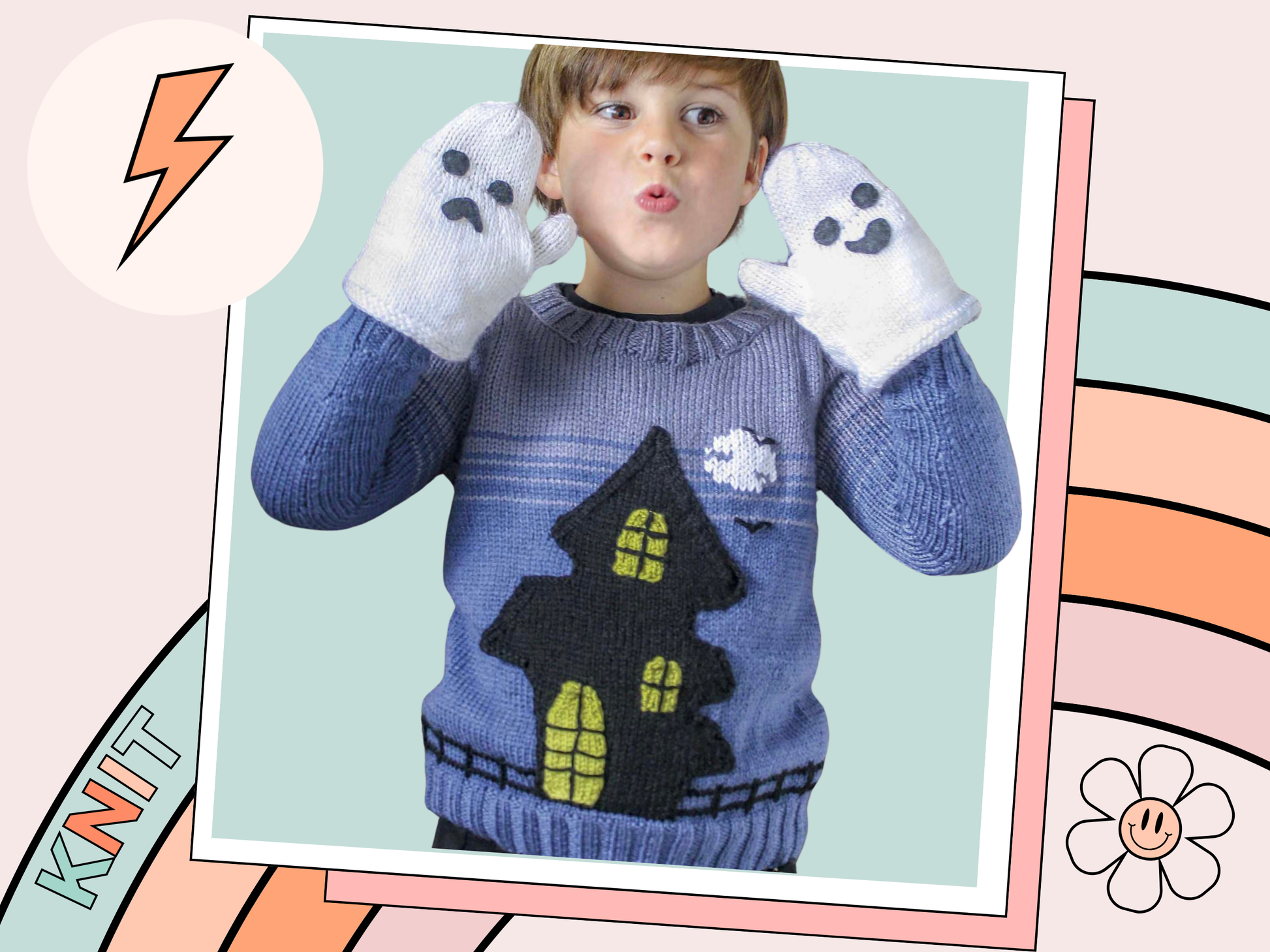 knitting pattern for a blue kids jumper, large black spooky ghost house on the front which has pockets, ghost mittens for child, dk yarn, kids sweater knitting pattern, spooky, halloween, halloween jumper