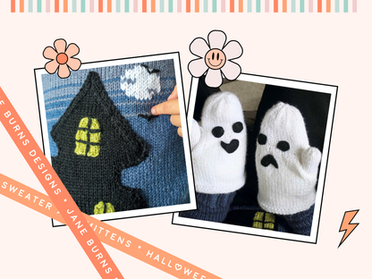 knitting pattern for a blue kids jumper, large black spooky ghost house on the front which has pockets, ghost mittens for child, dk yarn, kids sweater knitting pattern, spooky, halloween, halloween jumper