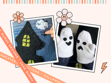 Load image into Gallery viewer, knitting pattern for a blue kids jumper, large black spooky ghost house on the front which has pockets, ghost mittens for child, dk yarn, kids sweater knitting pattern, spooky, halloween, halloween jumper
