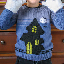 Load image into Gallery viewer, knitting pattern for a blue kids jumper, large black spooky ghost house on the front which has pockets, ghost mittens for child, dk yarn, kids sweater knitting pattern, spooky, halloween, halloween jumper
