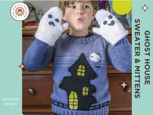 Load image into Gallery viewer, knitting pattern for a blue kids jumper, large black spooky ghost house on the front which has pockets, ghost mittens for child, dk yarn, kids sweater knitting pattern, spooky, halloween, halloween jumper
